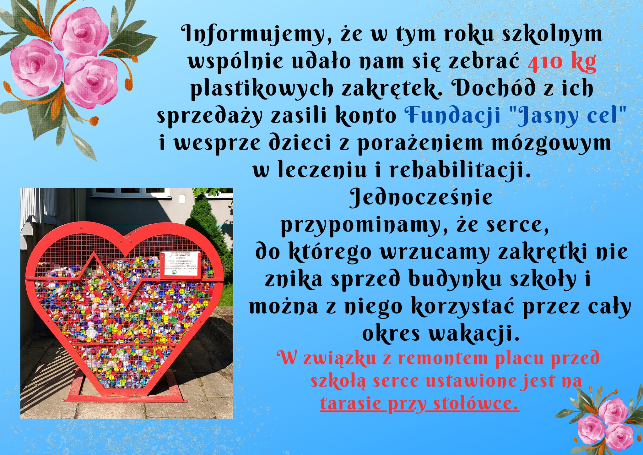 plakat odnośnie zbiórki nakrętek dla Stowarzyszenia Jasny Cel