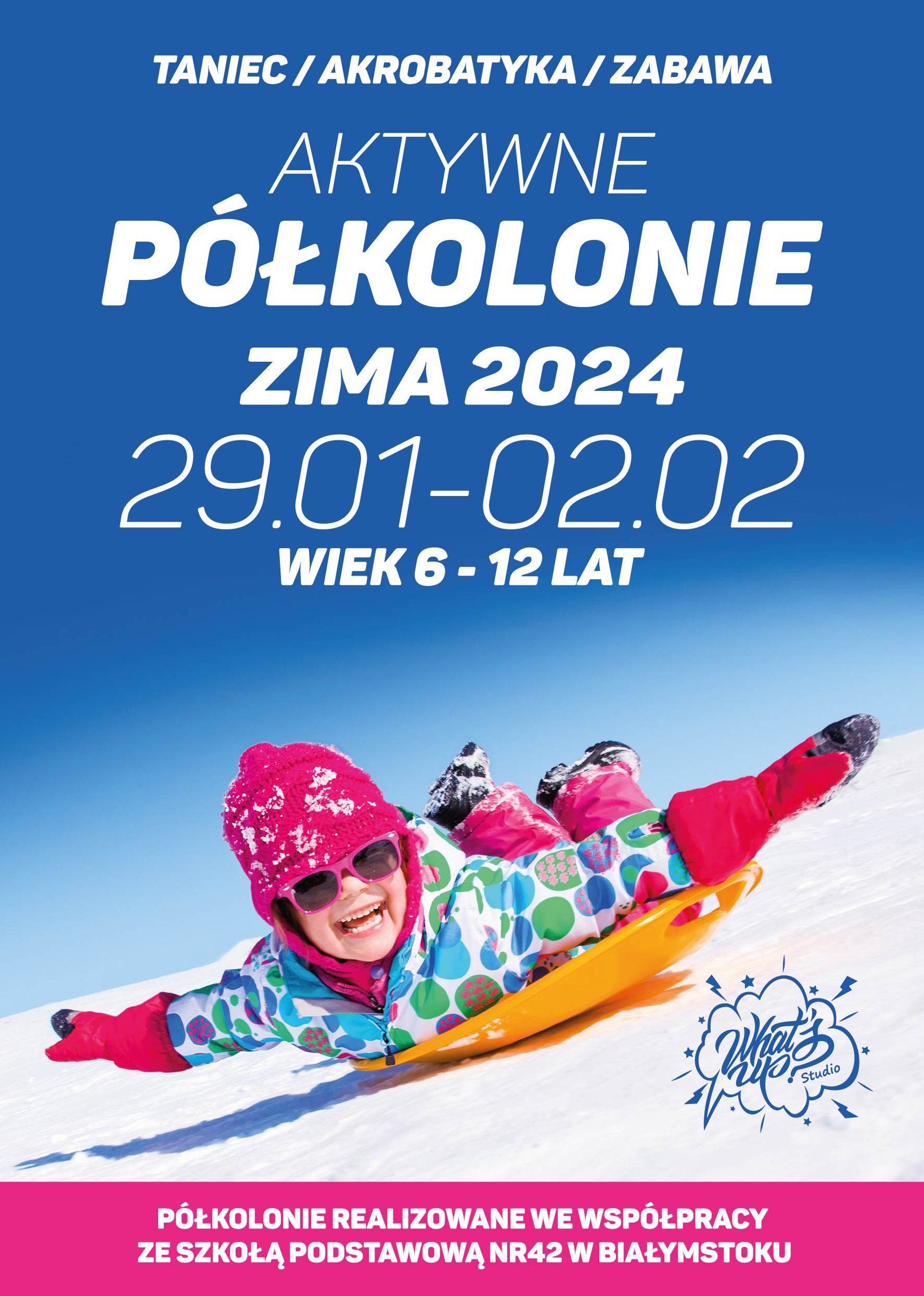 Plakat promujący zimowe półkolonie.