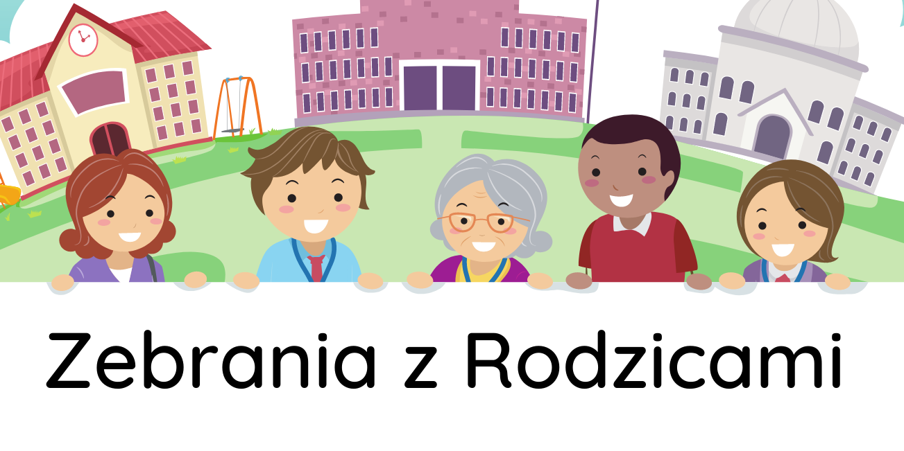 Dorośli trzymają baner z napisem zebrania z rodzicami.