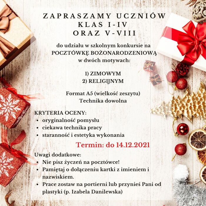 ogłoszenie o konkursie na pocztówkę bożonarodzeniową