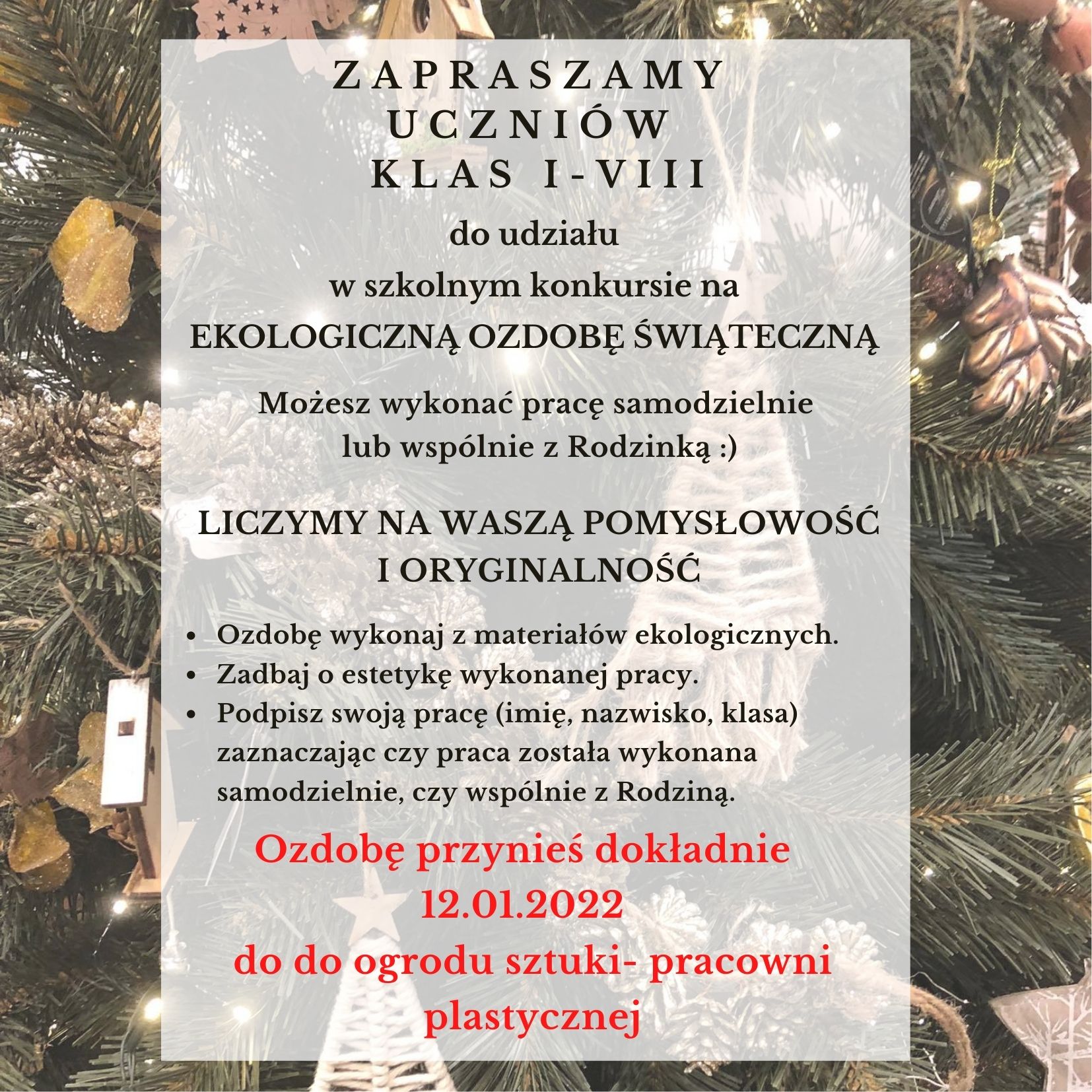 plakat z informacjami odnośnie konkursu na ekologiczną ozdobę świąteczną