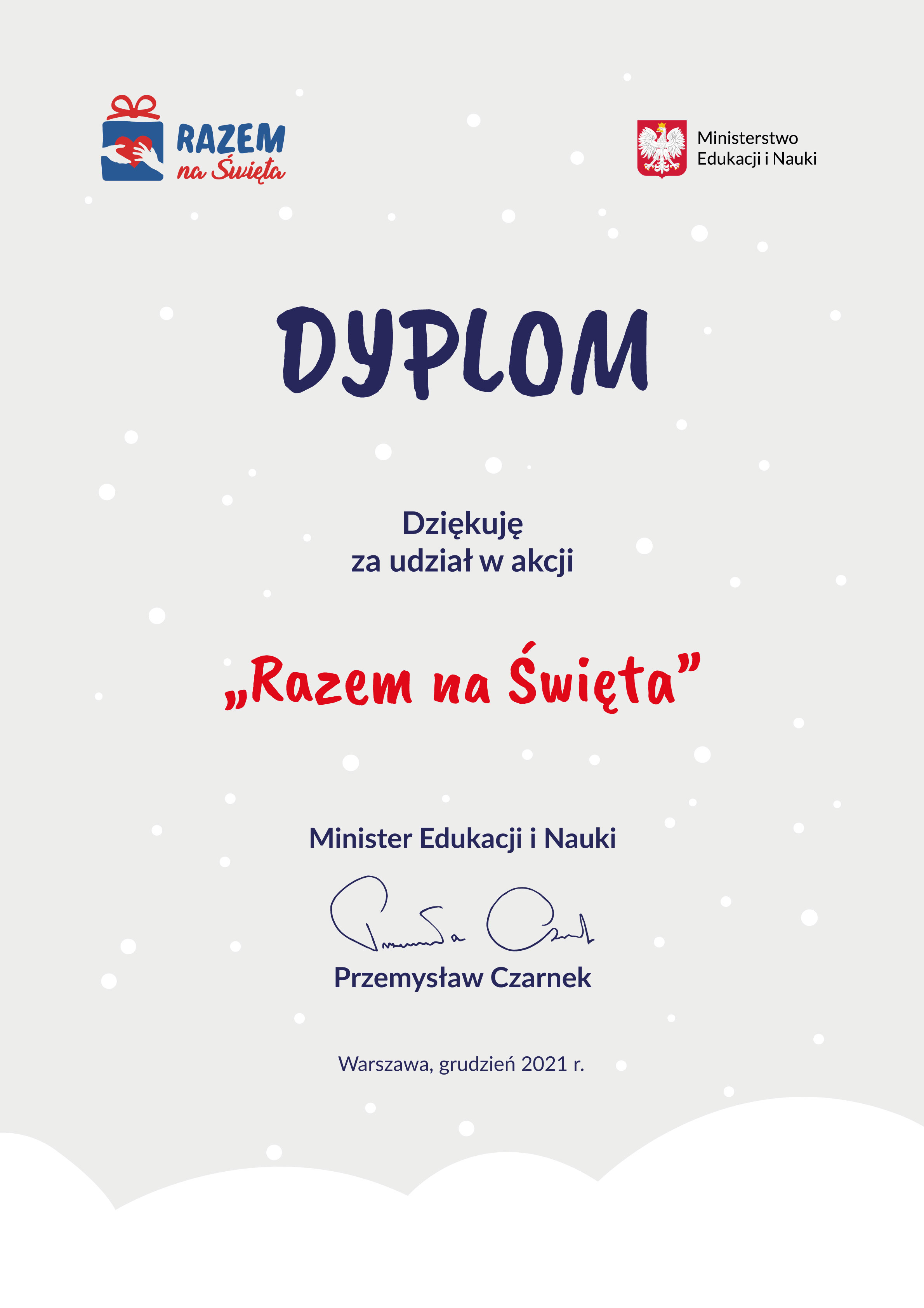 Dyplom za udział w akcji MEiN Razem na Święta
