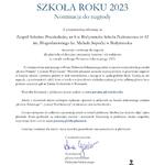List z informacją o nominacji Szkoły