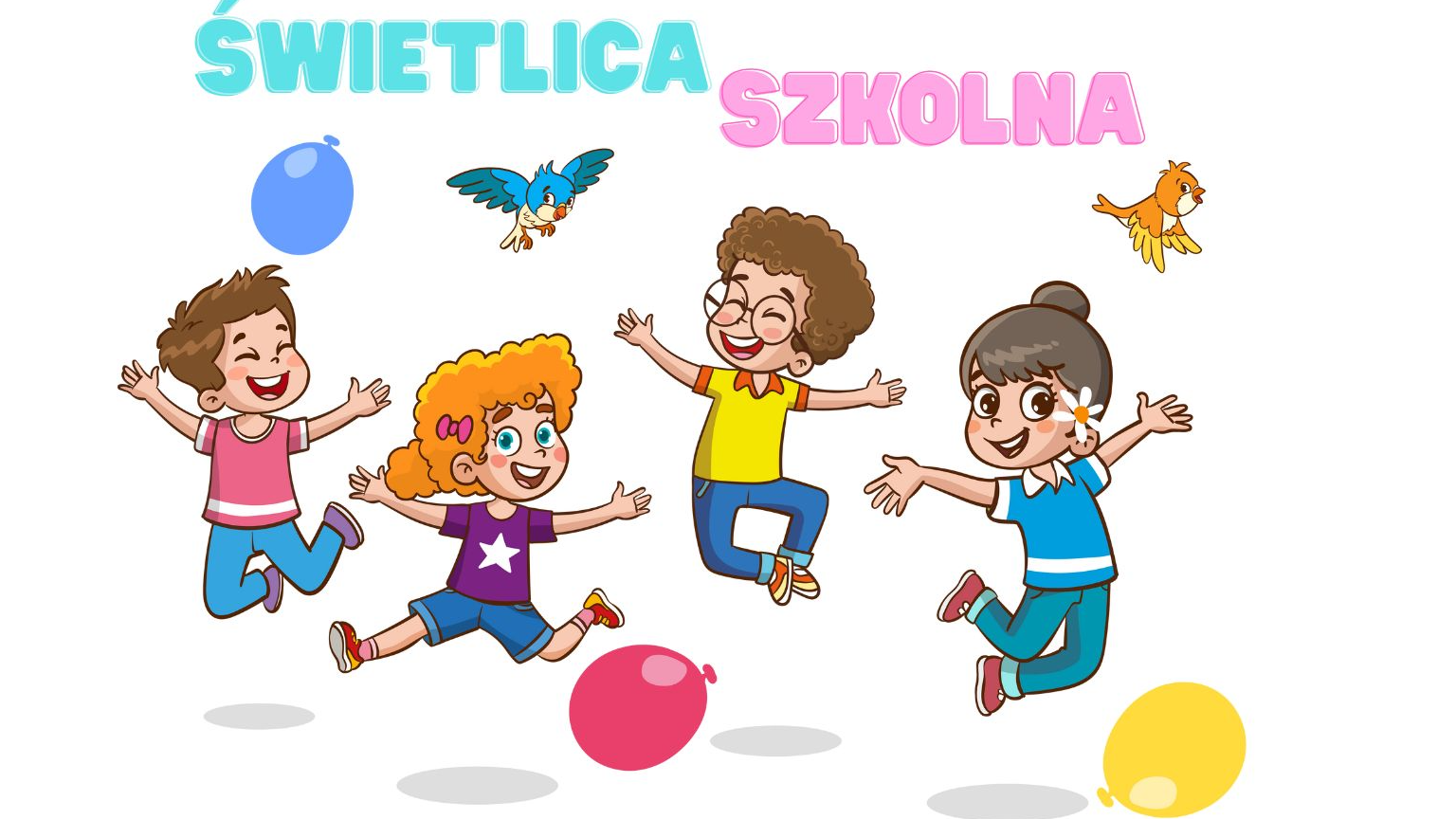 Rysunek: dzieci skaczą. Wokół nich latają ptaki i balony.