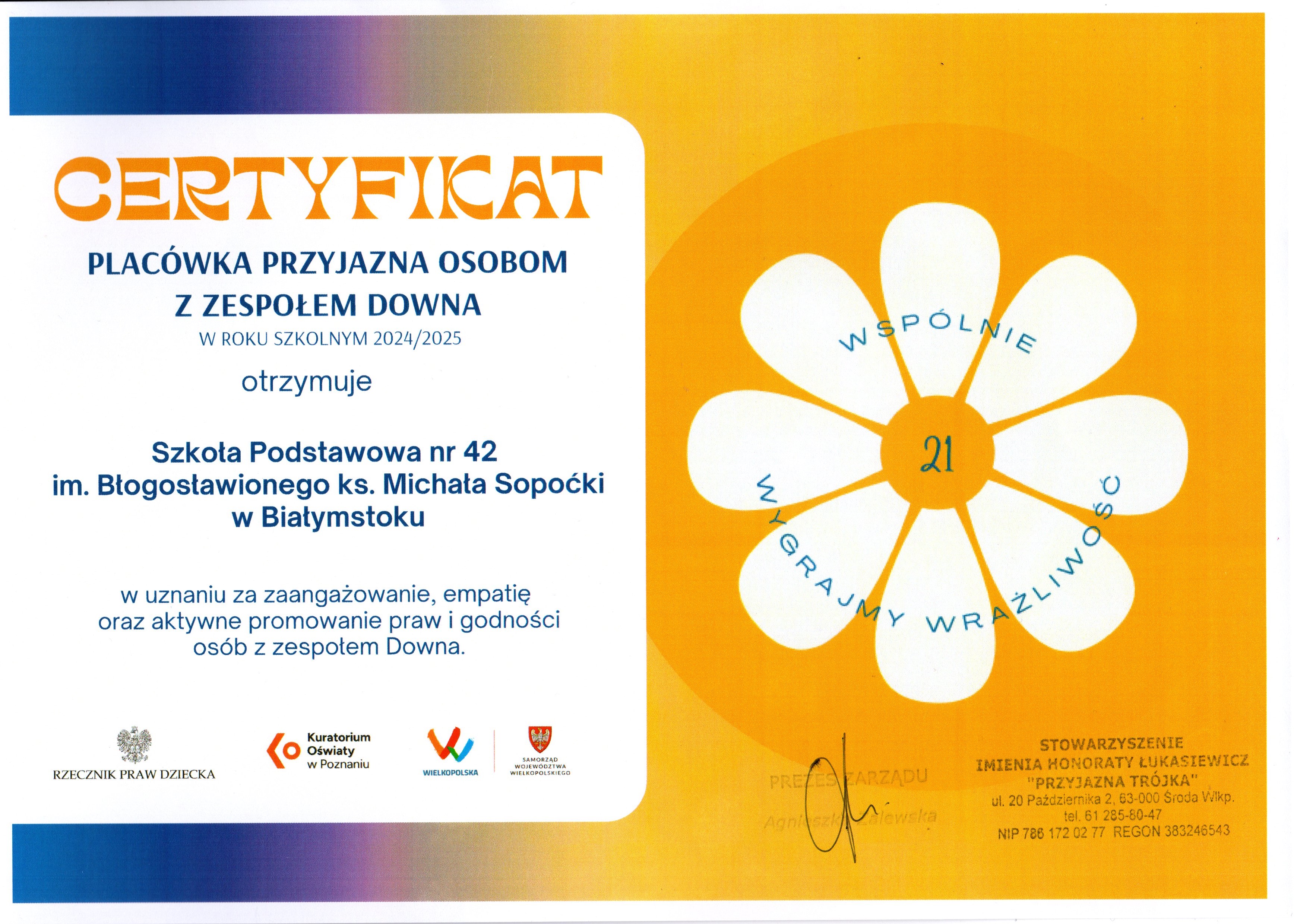 Certyfikat za udział w projekcie Wspólnie Wygrajmy Wrażliwość