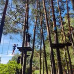 Uczniowie pokonują trasę w parku linowym. Są ubrani w kaski i uprzęże do wspinaczki