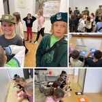 Uczniowie przymierzają czapkę i beret żołnierski oraz wykonują pracę plastyczną