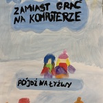 Praca ucznia namalowana farbami na temat bezpiecznych ferii