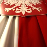 Godło Polski na tle flagi państwowej.
