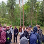 Uczniowie podczas zajęć w lesie