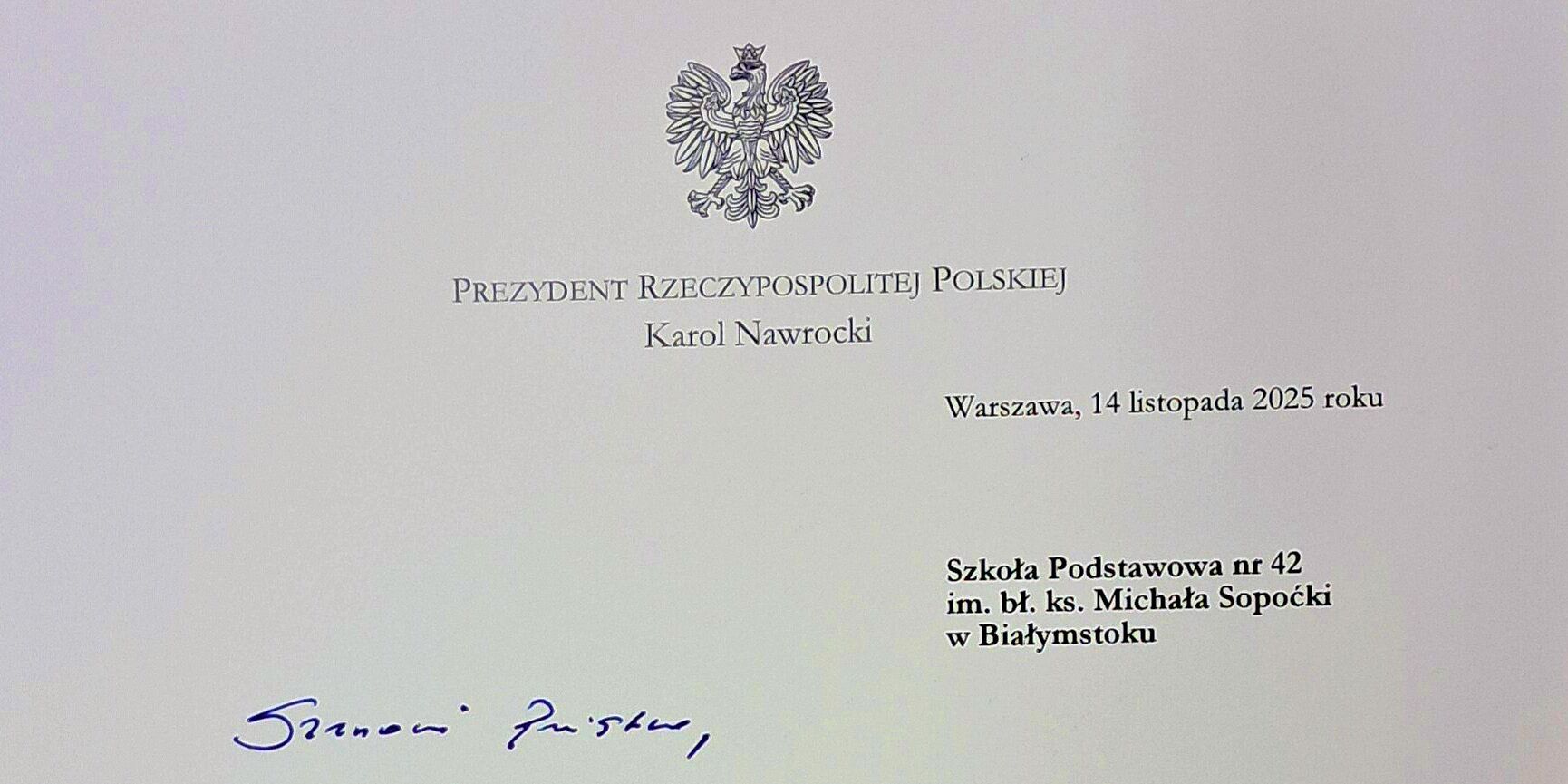 List od Pani Prezydentowej do uczniów naszej szkoły