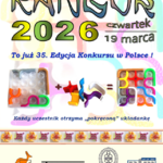Plakat Międzynarodowego Konkursu Matematycznego Kangur 2026, z datą 19 marca, informacją o 35. edycji oraz ilustracją kolorowej układanki dla uczestników.