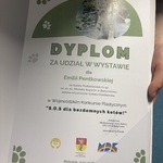 Osoba trzyma otwarty dyplom za udział w wystawie w Wojewódzkim Konkursie Plastycznym S.O.S dla bezdomnych kotów! Dyplom jest ozdobiony zielonymi elementami graficznymi i zdjęciem kota. Na dole widoczne są logotypy organizatorów oraz data: Białystok, 17.02.2026 r.