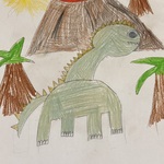 Rysunek przedstawiający zielonego dinozaura stojącego między palmami, na tle wulkanu z lawą oraz żółtego słońca.