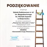 Certyfikat z podziękowaniem dla Szkoły Podstawowej nr 42 w Białymstoku za udział w warsztatach „Poznaj moc, która jest w Tobie”, z logo KLANZA i grafiką drabiny.