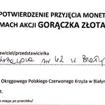Potwierdzenie zbiórki pieniędzy w ramach akcji Gorączka Złota PCK