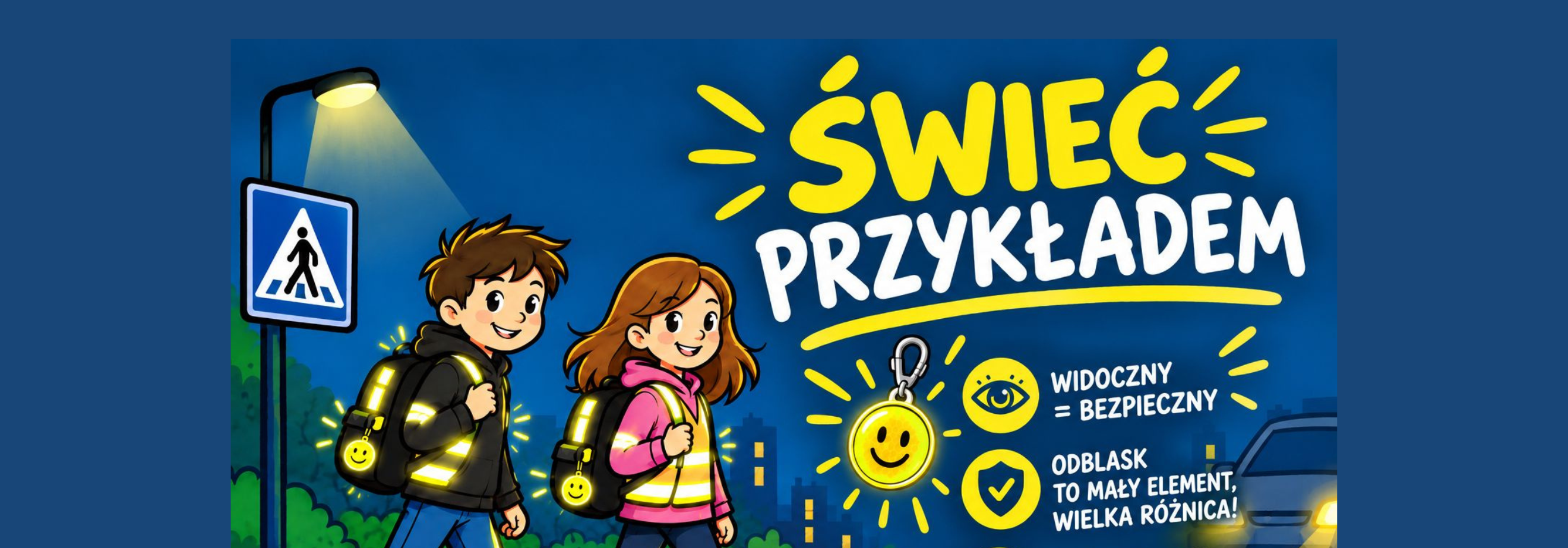 Ilustracja przedstawia dzieci przechodzące przez jezdnię