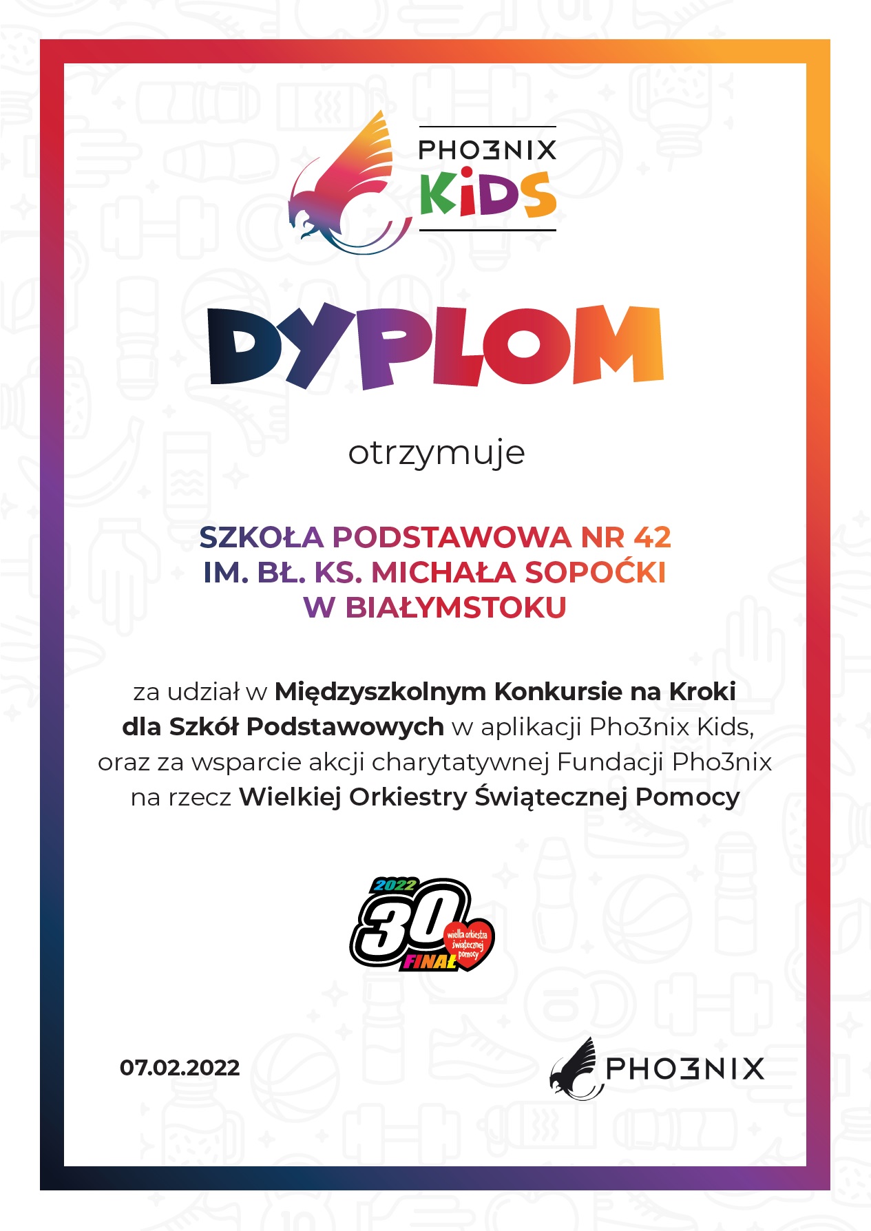 Dyplom za udział w Międzyszkolnym Konkursie na Krokidla Szkół Podstawowych w aplikacji Pho3nix Kids oraz wsparcie Wielkiej Orkiestry Świątecznej Pomocy