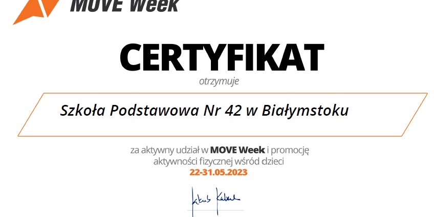 Certyfikat dla szkoły za udział w MOVEWeek