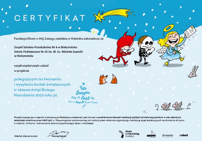 certyfikat potwierdzający uczestnictwo w projekcie